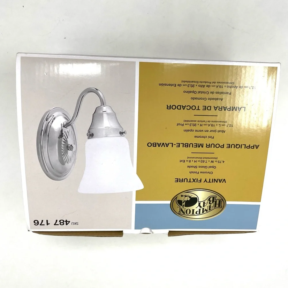 HAMPTON BAY Vanity fixture, chrome finish, opal glass shade, NWOT